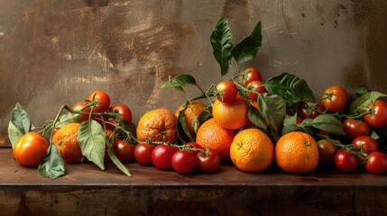 Photography of cherry tomatoes and mandarins in a still life composition