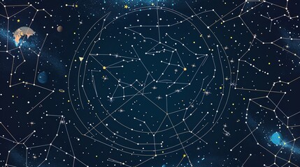 Star chart for amateur astronomers flat design top view celestial study theme cartoon drawing vivid