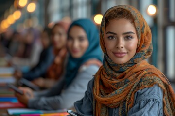 A multicultural team of women, dressed in vibrant hijabs, engaged in a creative workshop. They are focused and collaborative, working on their laptops and sharing ideas in a modern, well-lit space.
