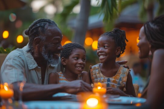 A multi-generational family sharing a joyful moment during an evening outdoor dinner. The warm candlelight enhances the happiness and connection among the family members, creating a cozy atmosphere.