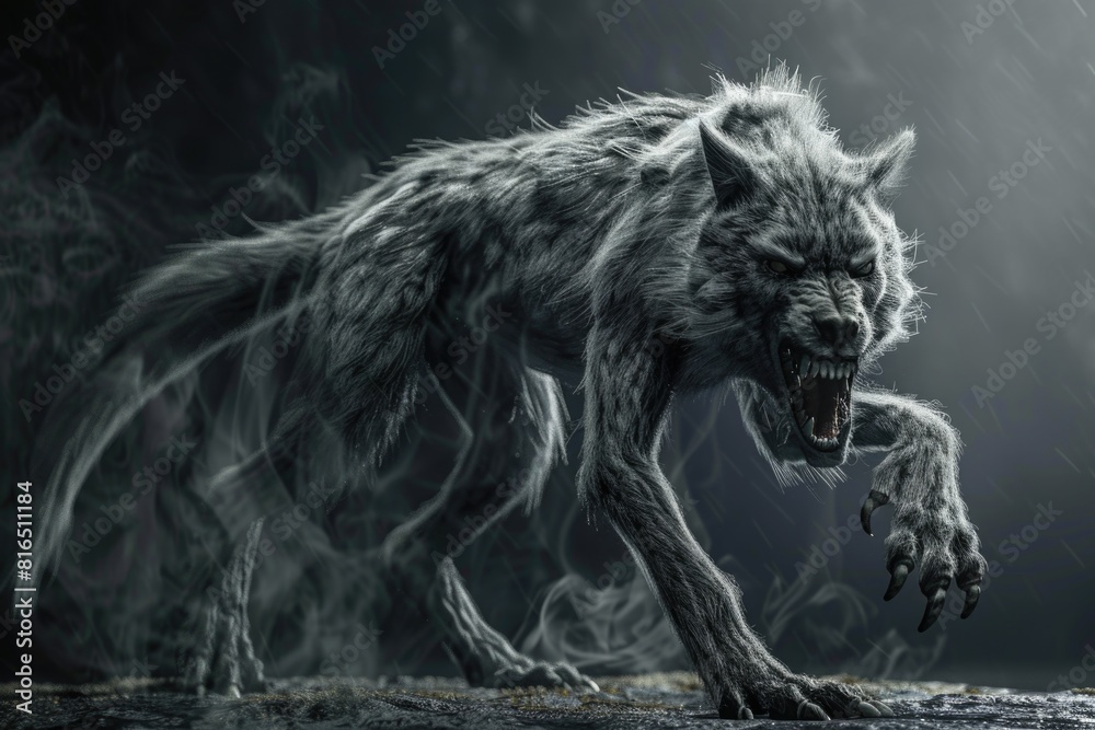 Poster a wolf running in the rain. suitable for nature and wildlife concepts