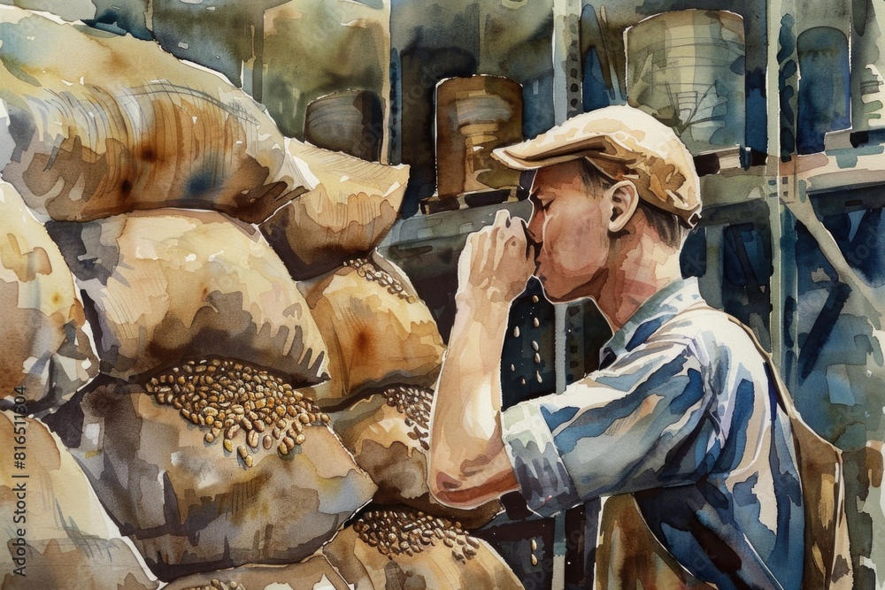 Poster A man standing in front of a pile of bread, suitable for bakery promotions