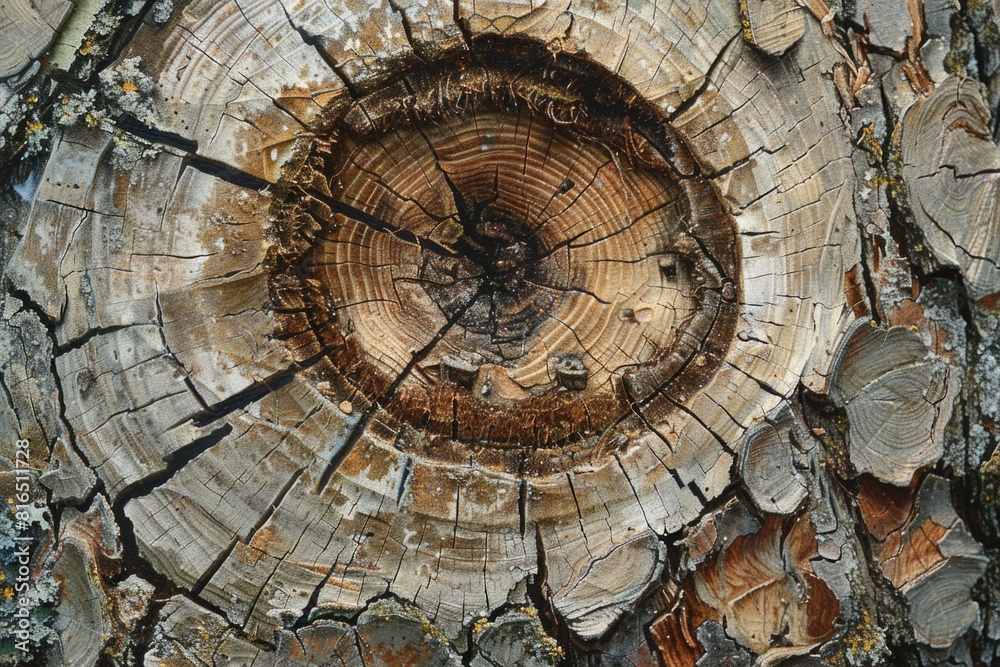 Aufkleber detailed view of a tree trunk with a clock, suitable for time concept illustrations