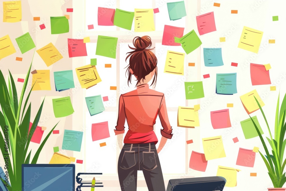 Poster woman standing in front of a wall covered with post-it notes, suitable for business and organization