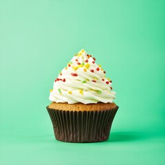 cupcake with swirls of creamy butter cream against a green background
