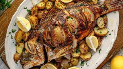 Fish and potato salad with roasted fish topped with onion and lemon slices for garnish on a wooden table from above