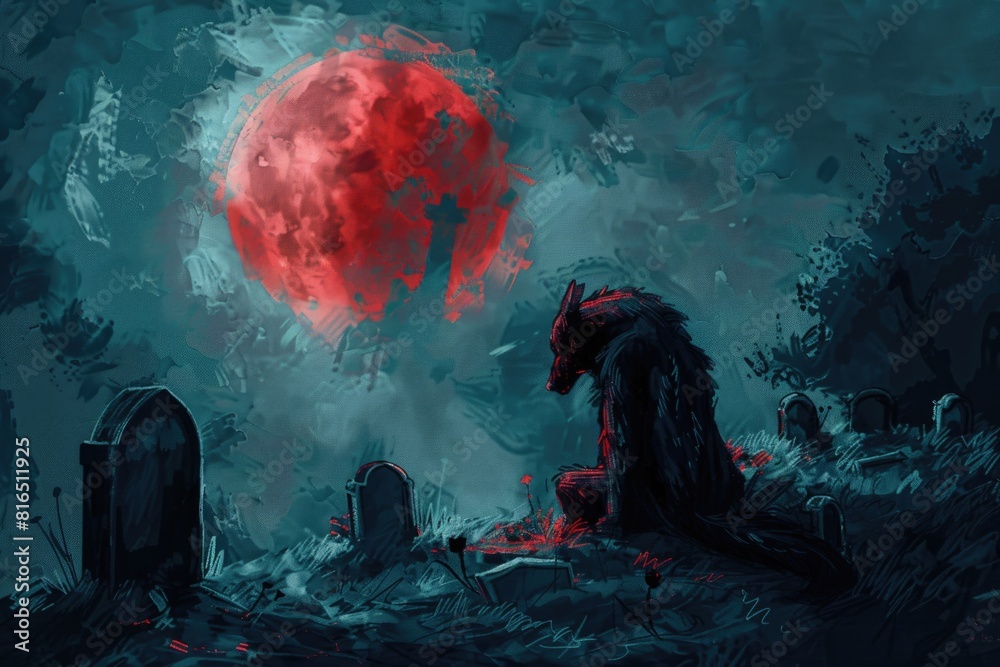 Poster a person sitting in front of a red moon. suitable for various creative projects