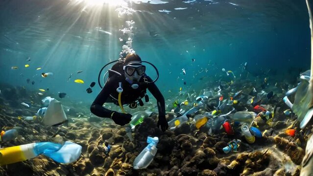 A diver swims underwater surrounded by plastic pollution. Ai Generative.