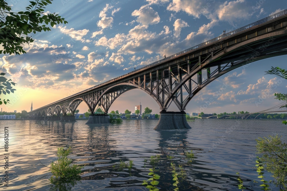 Poster A scenic view of a bridge over a body of water. Perfect for travel and nature concepts