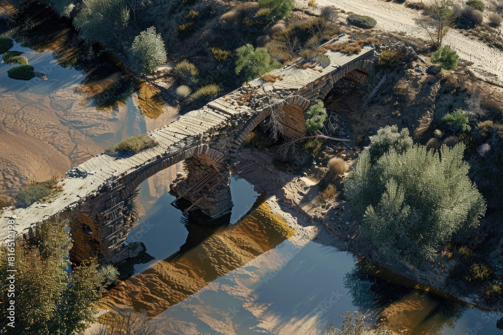 Poster an aerial view of a bridge over a river, perfect for transportation and infrastructure concepts