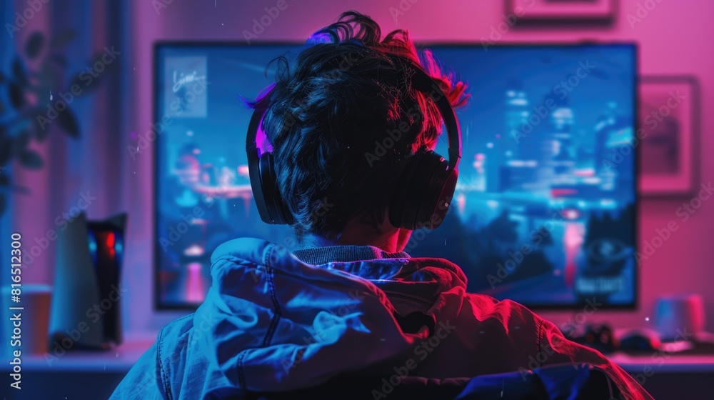 Poster a person sitting in front of a tv playing a video game. suitable for gaming and entertainment concep