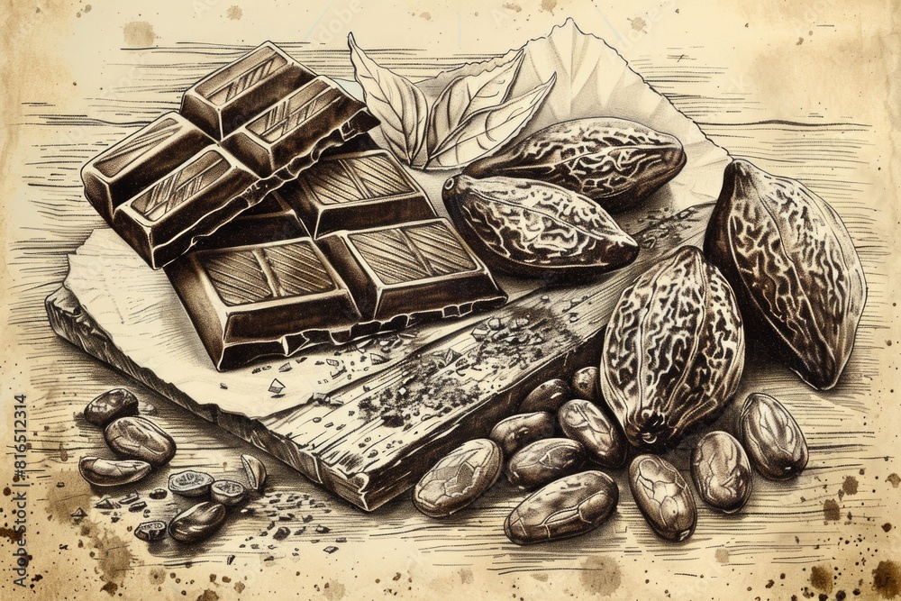 Poster a drawing of chocolate and nuts on a table. suitable for food and nutrition concepts