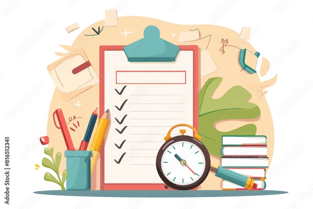 Poster A clipboard with a checklist and a clock, perfect for time management concepts