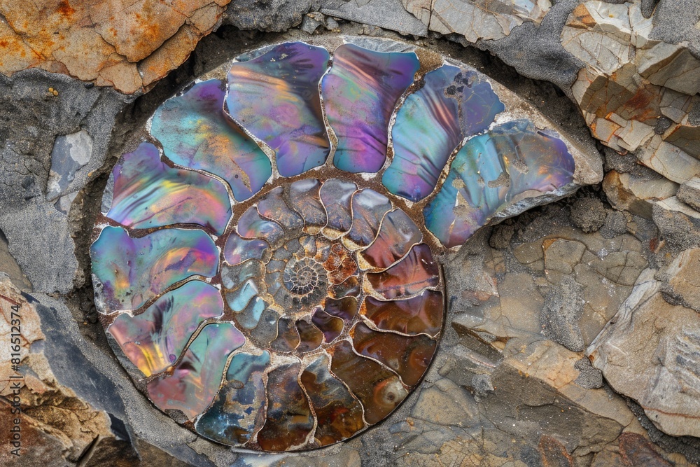Poster A vibrant shell embedded in a textured stone wall. Perfect for interior design projects