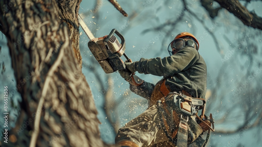 Aufkleber A man using a chainsaw to cut down a tree. Ideal for forestry or construction concepts
