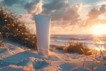 Sunscreen tube placed on the sand, perfect for summer vacations