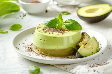 Avocado Delight: A photorealistic image of avocado dish presented on a white plate, garnished with fresh basil leaves.
