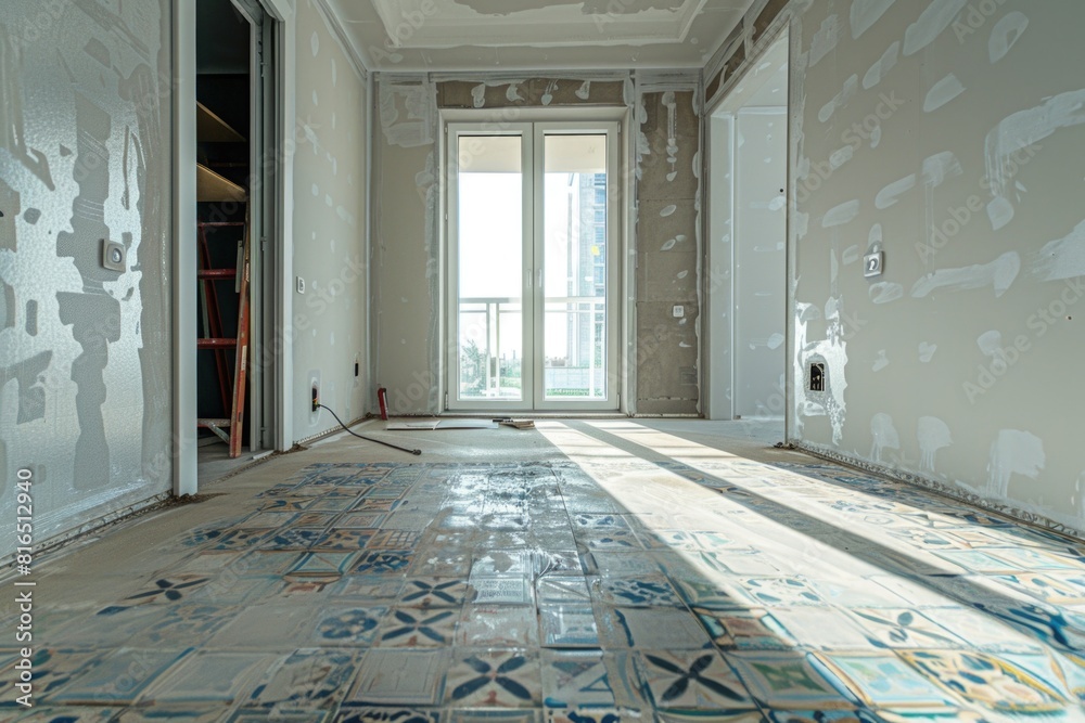 Poster an empty room with a tile floor. suitable for interior design projects