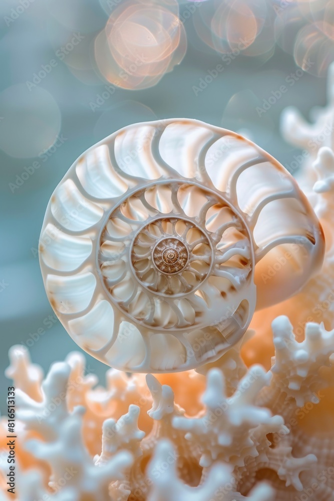 Poster close up of a shell on coral. suitable for marine and beach themes
