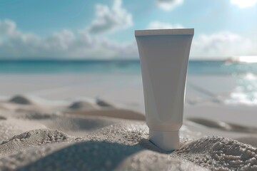 A tube of sunscreen cream on a sandy beach. Perfect for travel and summer concepts