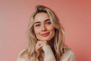 Fototapeta premium A woman with blonde hair wearing a cozy sweater. Perfect for fashion blogs or winter clothing advertisements