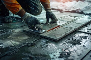 A construction worker is shown laying tile. This image can be used for construction projects or home improvement themes