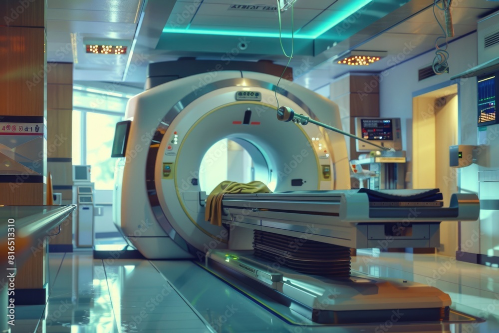 Poster an image of a large mri machine in a medical room. suitable for healthcare and technology concepts