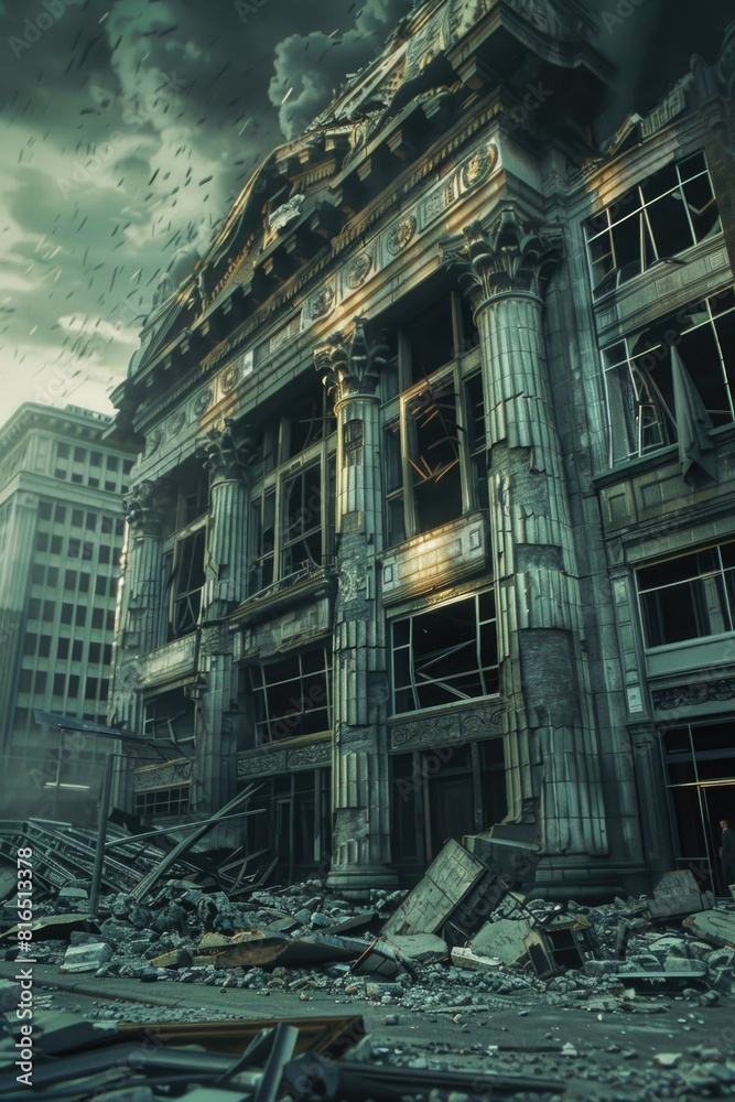 Aufkleber a large building with debris on the ground, suitable for construction or disaster concepts