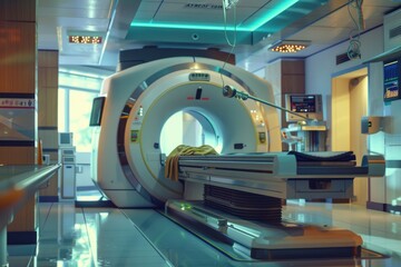 An image of a large MRI machine in a medical room. Suitable for healthcare and technology concepts