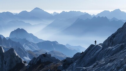 Obraz premium A hiker's silhouette standing triumphantly on a mountain peak, capturing the thrill of achievement and adventure, The images are of high quality and clarity