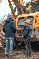 A couple of people standing in front of a construction vehicle. Suitable for construction industry projects