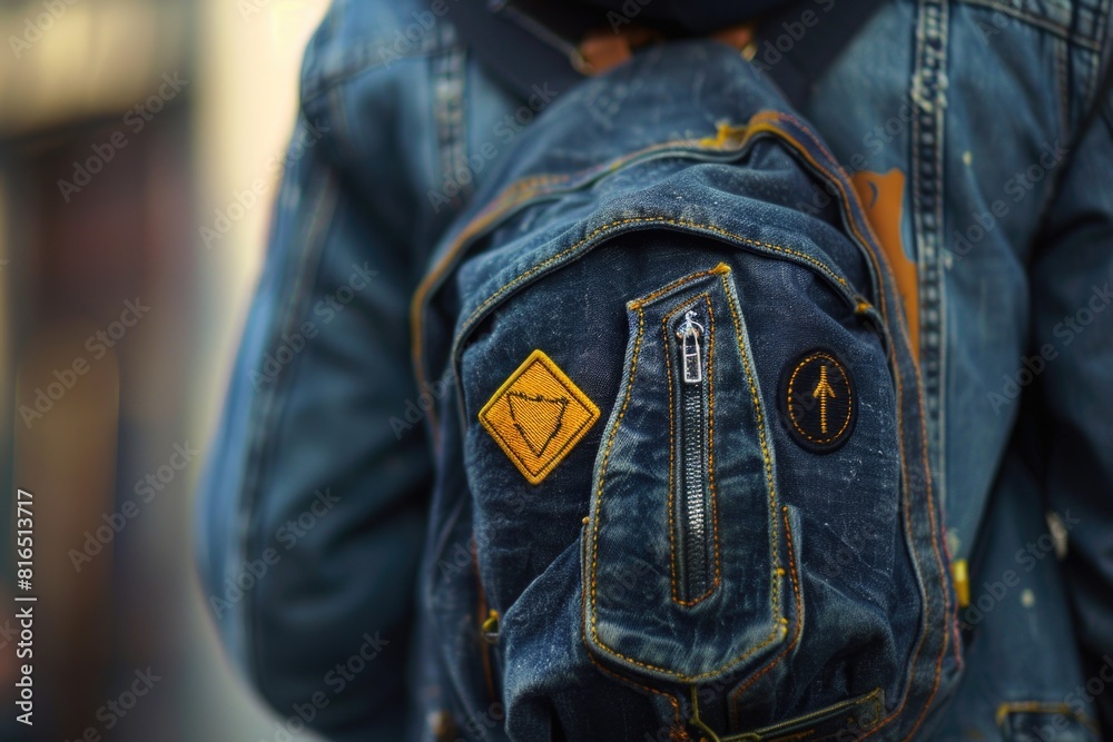 Sticker A person wearing a denim jacket and carrying a backpack. Suitable for travel or outdoor activities