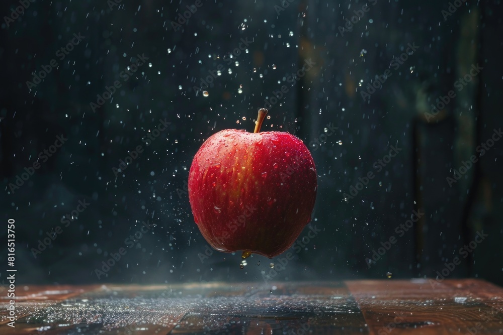 Poster an apple falling into water on a table. suitable for food and nature concepts