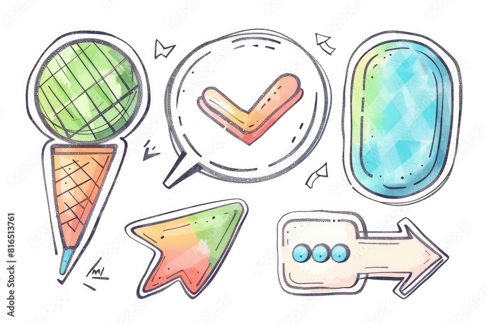 Poster various items in a colorful drawing, suitable for a variety of projects