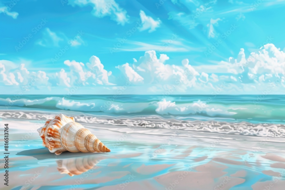 Poster a seashell resting on the sandy beach with the beautiful ocean in the background. ideal for nature a