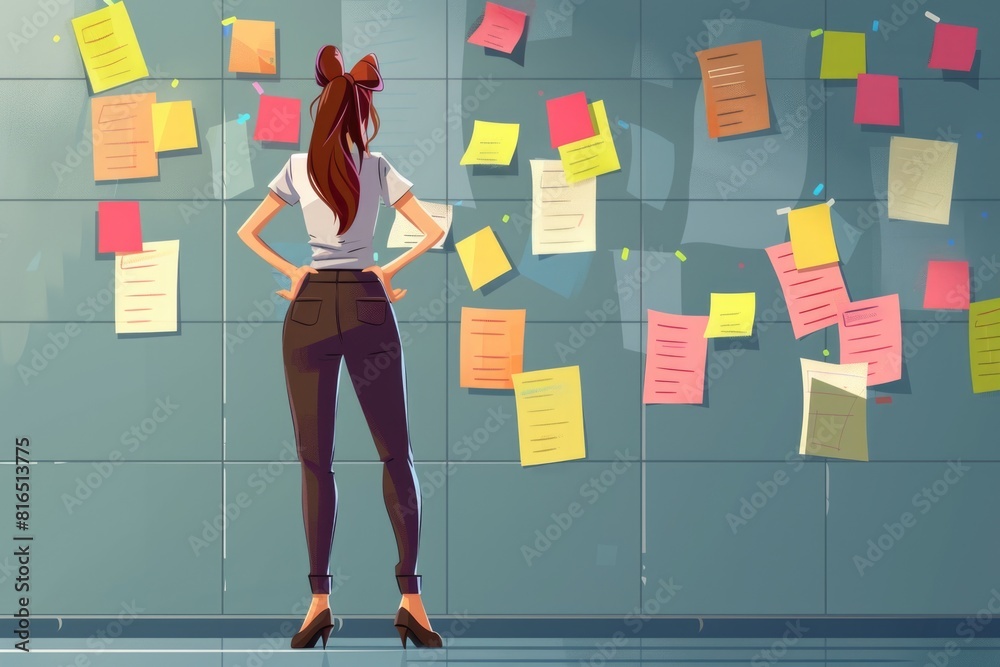 Poster a woman standing in front of a wall covered in post it notes. suitable for business and organization