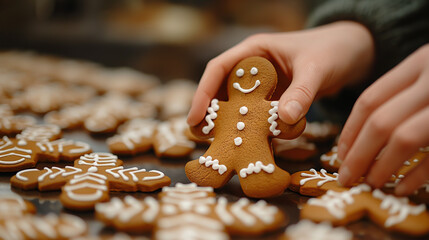 Holding a gingerbread cookie in hands. Christmas time.	