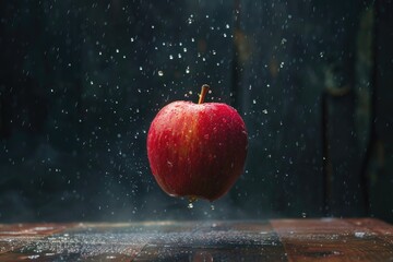 An apple falling into water on a table. Suitable for food and nature concepts - Powered by Adobe