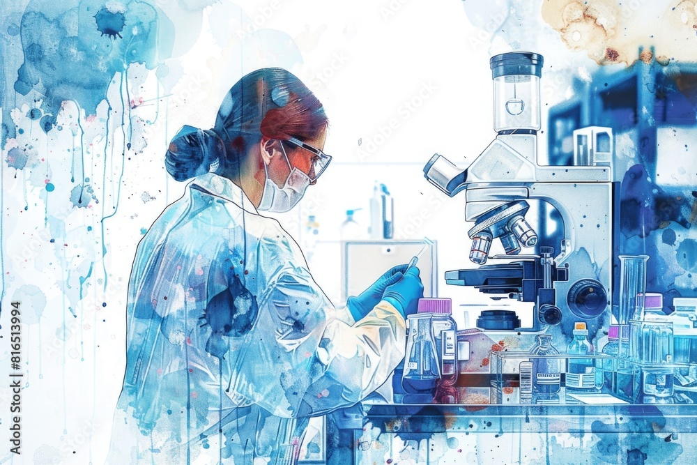 Poster a woman in a lab coat using a microscope. suitable for scientific research projects