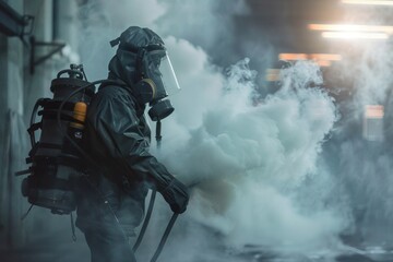 Naklejka premium A man wearing a gas mask and carrying a backpack. Suitable for post-apocalyptic or survival themes