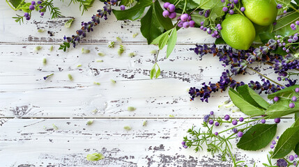 Modern Memorial Day arrangement with lime and lavender berries presented on a whitewashed surface.