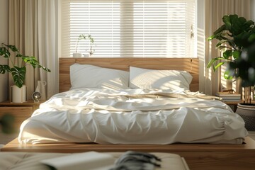 A cozy bed with white sheets and pillows, suitable for home decor