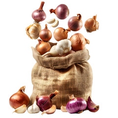 Onion and garlic falling from hole in the bag, PNG image, no background