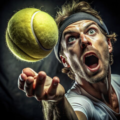 A dramatic close-up of a tennis ball being served, capturing the tension on the player's face and the speed of the ball in mid-flight.