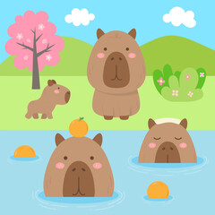 cute sweet hand drawn capybara chilling in the hot spring illustration