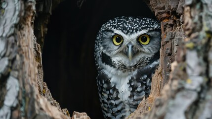 Intimate glimpse into the world of a Northern hawk-owl as it gazes out from its tree hollow, its solitary vigilance a symbol of strength and resilience.