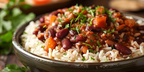 A Mouthwatering Plate of Red Beans and Rice. Concept Food Photography, Cajun Cuisine, Dinner...