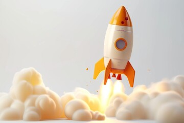 cute cartoon rocket ship taking off with smoke and flames, orange color on a white background.