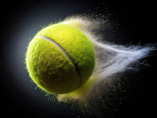 A focused image capturing a tennis ball suspended in the air after being hit by a powerful backhand stroke, highlighting the speed and intensity of the game.