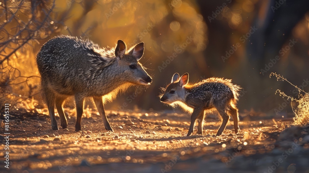Wall mural A Young Javelina and Its Mother Strolling into the Sunlight near Tucson Arizona - Wall murals